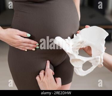 Doula erklärt den Geburtsvorgang an einer Probe des Beckens einer schwangeren Frau. Stockfoto