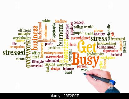 Word Cloud mit „GET BUSY“-Konzept nur mit Text erstellen. Stockfoto