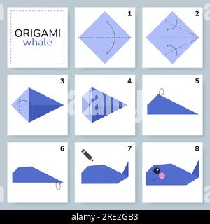 Origami Tutorial für Kinder. Origami niedlichen Wal. Stock Vektor