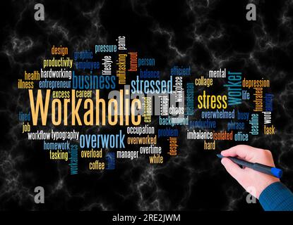 Word Cloud mit WORKAHOLIC-Konzept wird nur mit Text erstellt. Stockfoto