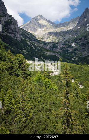 Der Blick aus der Vogelperspektive von der Seilbahn auf den Bergwasserfall Skok mit dem Strbsky-Gipfel im Hintergrund, Nationalpark hohe Tatra, Slowakei Stockfoto