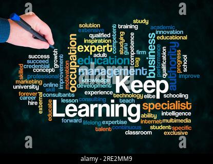 Word Cloud mit KEEP LEARNING-Konzept nur mit Text erstellen. Stockfoto