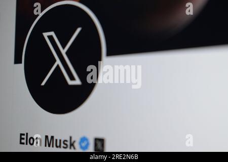 Twitter-Website für soziale Medien neues Homepage-Logo. Das Foto zeigt, dass Elon Musk das berühmte Vogellogo von Twitter durch das neue „X“-Logo änderte Stockfoto