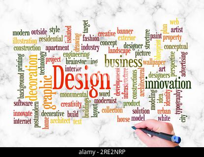 Word Cloud mit DESIGNKONZEPT nur mit Text erstellen. Stockfoto