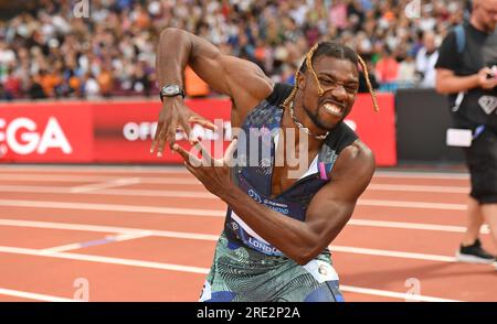 Noah Lyles (USA) feiert nach dem Sieg der 200-Meter-Strecke im Jahr 19,47 während des London Athletics Meeting am Sonntag, 23. Juli 2023, in London. Vereinigtes Königreich. (Jiro Mochizuki/Bild des Sports) Stockfoto