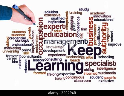 Word Cloud mit KEEP LEARNING-Konzept nur mit Text erstellen. Stockfoto