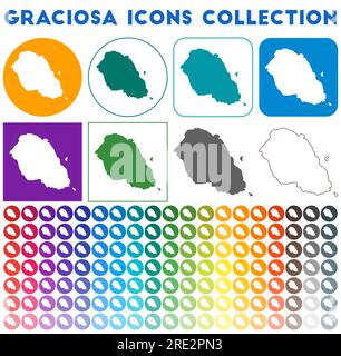 Graciosa Icons Kollektion. Bunte, trendige Kartensymbole. Modernes Graciosa-Abzeichen mit Inselkarte. Vektordarstellung. Stock Vektor