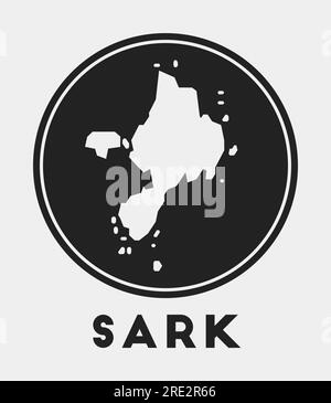 Sark-Symbol. Rundes Logo mit Inselkarte und Titel. Stilvolles Sark-Abzeichen mit Karte. Vektordarstellung. Stock Vektor