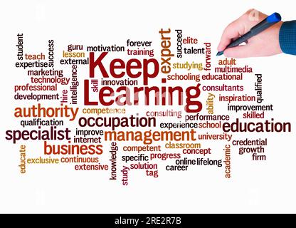 Word Cloud mit KEEP LEARNING-Konzept nur mit Text erstellen. Stockfoto