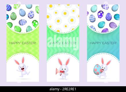 Happy Ostern-Schriftsatz, Hasen, Megaphon und Eier Stock Vektor