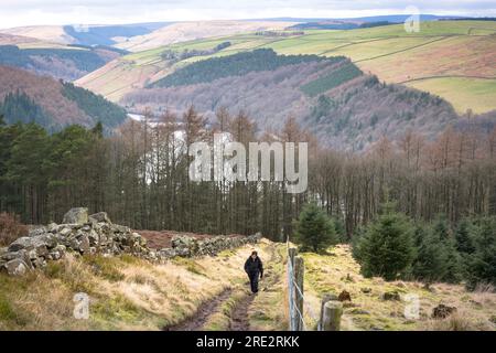Im Winter wandert eine asiatische Indianerin allein auf den Win Hill in der Nähe des Ladybower Reservoirs, Peak District, Derbyshire, Großbritannien Stockfoto