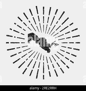 Oldtimer-Karte von Usbekistan. Grunge-Sonnenaufgang im ganzen Land. Schwarze usbekische Form mit Sonnenstrahlen auf weißem Hintergrund. Vektordarstellung. Stock Vektor