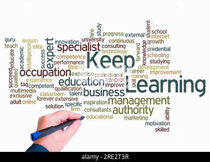 Word Cloud mit KEEP LEARNING-Konzept nur mit Text erstellen. Stockfoto