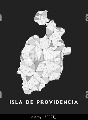 Isla de Providencia - Karte des Kommunikationsnetzwerks der Insel. Isla de Providencia: Trendiges geometrisches Design auf dunklem Hintergrund. Technologie, Internet, Netwo Stock Vektor