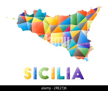 Sicilia - farbenfrohe niedrige Poly-Insel-Form. Mehrfarbige geometrische Dreiecke. Modernes, trendiges Design. Vektordarstellung. Stock Vektor