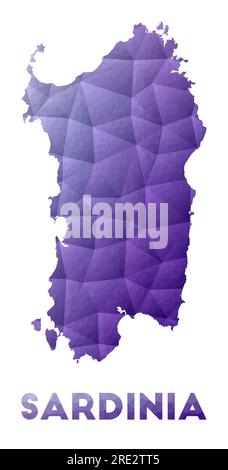 Karte von Sardinien. Niedrige Poly-Darstellung der Insel. Lilafarbenes geometrisches Design. Darstellung des polygonalen Vektors. Stock Vektor