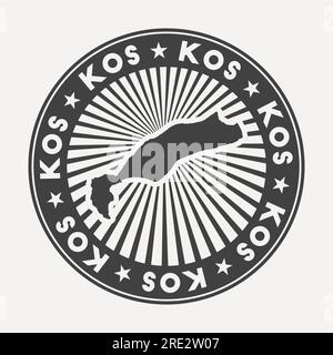 Kos Round Logo. Vintage-Reiseabzeichen mit kreisförmigem Namen und Karte der Insel, Vektordarstellung. Kann als Abzeichen, Logo, Label, Aufkleber verwendet werden Stock Vektor