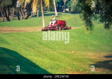 Greenskeeper mäht Fairway Stockfoto