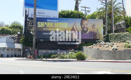 West Hollywood, Kalifornien, USA 24. Juli 2023 Jason Momo Shark Week Discovery Billboard am Sunset Blvd am 24. Juli 2023 in West Hollywood, Kalifornien, USA. Foto: Barry King/Alamy Stock Photo Stockfoto