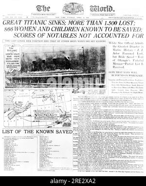New York, New York: 16. April 1912 die Titelseite der Weltzeitung, die am 15. April 1912 den Untergang des britischen White Star-Liners, der RMS Titanic, zeigt. Stockfoto