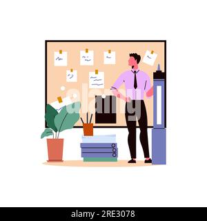 Geschäftsmann im Büro, der vor dem strategischen Vorstand steht. Business Illustration in flachem Stil Stock Vektor