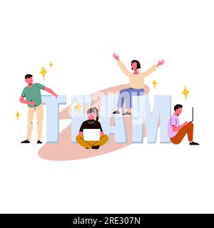 Teamwork-Konzept. Gruppe von Personen, die zusammenarbeiten. Abbildung eines flachen Vektors Stock Vektor