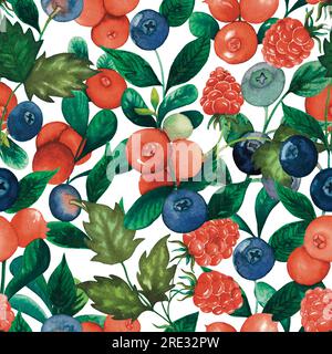 Nahtlose Aquarelle Waldbeere Cranberry Heidelbeere Himbeere Muster mit Beeren und Blättern handgezeichnet Illustration isoliert auf Weiß Stockfoto