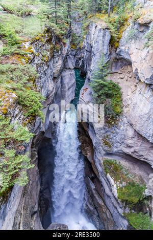 Athabasca Falls mit bewölktem Himmel in Kanada Stockfoto