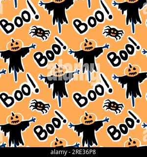 Handgezeichnetes nahtloses Muster mit schwarzer Vogelscheuche aus Halloween-Spinnen auf orangefarbenem Hintergrund. Herbst gruseliger Horrordruck, süße lustige Kawaii-Kunst Stockfoto