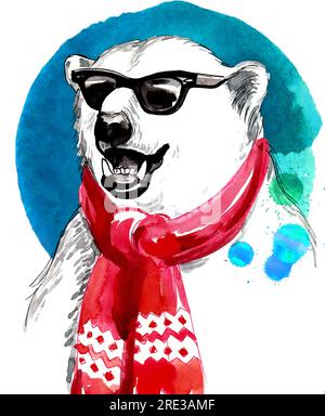 Eisbär in Sonnenbrille und rotem Schal. Handgezeichnete Tinte und Aquarell mit Spritzern auf Papier Stockfoto