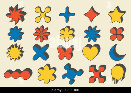 Abstrakte geometrische Elemente für die Konstruktion. Neobrutalismus-Grafikformen. Minimale groovy Y2K Retro-Aufkleber. Set von rückwirkenden Etiketten. Einfache Vektorblumen Stock Vektor