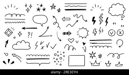 Pfeilelement der Skizzenlinie, Stern, Herzform. Handgezeichneter Kreis im Skizzenstil, Wolkensprechblase Grunge-Element-Set. Pfeil, Stern, Pinsel-Dekoration. Vektordarstellung Stock Vektor