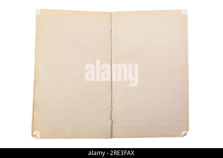 Offenes Vintage-Notizbuch mit liniertem Papier, isoliert auf weiß. Stockfoto