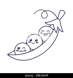 Erbsen-Kawaii-Figuren. Süßes Kawaii-Erbsen-Pod-Zeichentrickfilm für Kinder. Gliederungsdarstellung für Lebensmittel und Gemüse. Erbsen sind im Doodle-Stil. Malbuch für Kinder Stock Vektor