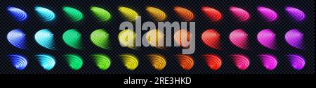 3D WLAN-Neon-Lichttechnologie, kabelloses Signal. Abstraktes Wellenvektorzeichen in Violett, Rot, Blau und Grün mit radialem Laserlicht. Klingelsymbol des Internet-Routers für die Netzwerkeinstellung des Computers. Stock Vektor
