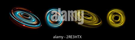 Realistische Leuchtkörper in Neonfarben auf schwarzem Hintergrund. Vektordarstellung von gelben und türkisfarbenen kreisförmigen Spiralwirbeln mit leuchtenden Partikeln, Halo-Effekt und schillerndem Energiewirbel Stock Vektor