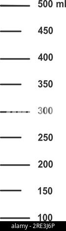 Grafische Skala mit 500 ml Flüssigkeitsvolumen zum Messen von Kochbechern oder Chemiekolben, isoliert auf weißem Hintergrund. Darstellung der Vektorkontur. Stock Vektor