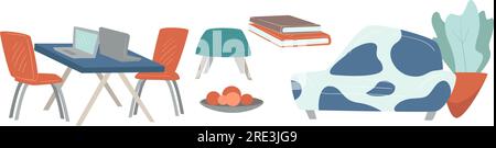Heimbüro, Wohn- und Arbeitsort, Inneneinrichtung des Hauses. Tisch mit Stühlen für die Zusammenarbeit, Sofa mit modernem Druck, Schreibtisch mit Büchern und Zimmerpflanzen Stock Vektor