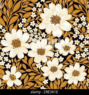 Florales Nahtloses Muster aus weißen Blumen und gelben Blättern auf schwarzem Hintergrund, Tapetendesign für Textilien, Papier, Drucke, Mode, Schönheitsprodukte Stock Vektor