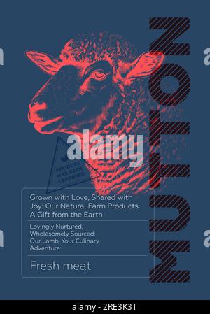 Lammladen-Poster. Vintage-Skizze Schafkopf auf farbigem Hintergrund. Metzgermarkt Retro-Druck. Schablone für kreative Typografie bei Metzgereiseetiketten. Plakat mit Fleisch aus dem Bauernhof. Gravur von Schwertkunstwerken Stock Vektor