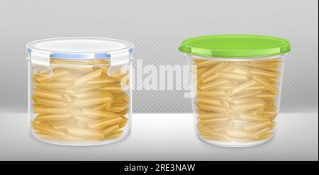 Pasta in durchsichtiger Verpackung Box durch Deckel geschlossen. Vector realistische Mockup von Penne Macaroni in Kunststoff-Behälter, Küche Eimer für trockene Produkte isoliert auf transparentem Hintergrund Stock Vektor