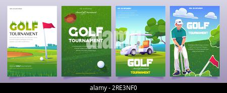 Poster zum Golfturnier mit Darstellung von grünem Golfplatz, Wagen, Tee und Spieler. Vector-Cartoon-Flyer zur Werbung für Sportwettbewerbe mit Gras, Flagge und Putter. Golfschläger-Banner Stock Vektor