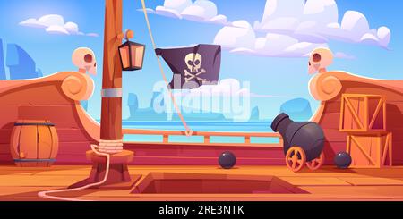 Piratenschiff mit Holzdeck an Bord, Boot mit Kanone, Holzkästen und Fässer, Eingang halten, Mast mit Seilen, Laterne und Totenbuccaneer-Flagge auf felsigem Meereslandschaft-Cartoon-Vektorbild Stock Vektor