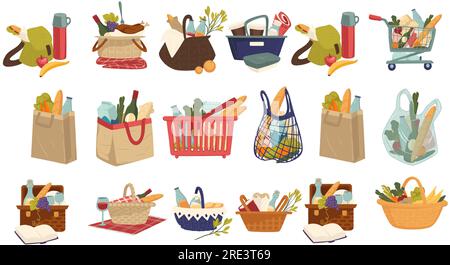 Wagen und Wagen, Tasche und Verpackung mit Produkten, die im Lebensmittelgeschäft gekauft wurden. Baguette und Gemüse, Milchgerichte und tropische Früchte, Banane und Saft Stock Vektor