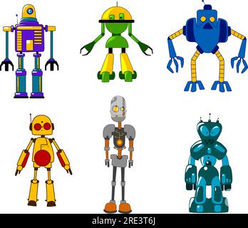 Colorful set of classic toy robots standing facing the viewer with six different styles, vector illustration on white Stock Vektor