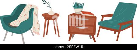 Zeitgenössisches Haus mit modernen einfachen Möbeln, minimalistisches Innendesign. Isolierter Sessel mit Decke und Karomuster, Sessel zum Sitzen und Entspannen. Dra Stock Vektor