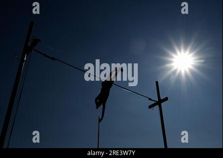 Finale, Deutsche Meisterschaft, Männerstube an der Rhein-Uferpromenade Düsseldorf; Pole-Gewölbe im Allgemeinen. Stockfoto