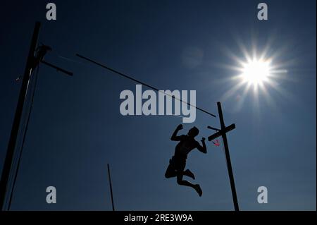 Finale, Deutsche Meisterschaft, Männerstube an der Rhein-Uferpromenade Düsseldorf; Pole-Gewölbe im Allgemeinen. Stockfoto