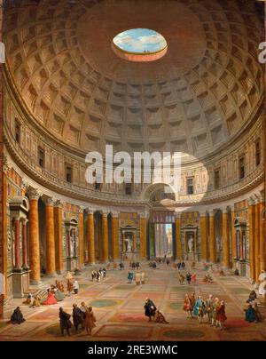 Das Innere des Pantheons, Rom von Giovanni Paolo Panini im Jahr 1747 - das Pantheon wurde als Tempel unter dem römischen Kaiser Hadrian um das Jahr 125 v. Chr. errichtet und wurde 609 eine christliche Kirche. Anfang der 1700er Jahre fand eine bedeutende Restaurierung statt, eine Zeit, in der die frühen christlichen Denkmäler wieder in den Mittelpunkt gerückt wurden. Die Stätte war ein wichtiges Denkmal der Antike, eine aktive Kirche, und ihr Portico, durch die Tür sichtbar, hielt die wichtigste Kunstmesse in der Stadt. Panini zeigt die Komplexität dieses öffentlichen Raums, indem es ausländische Touristen, lokale Kirchenbesucher, römische Adlige und Künstler repräsentiert, die sich unter sie mischen Stockfoto