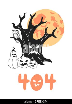Halloween-Baum mit gruseligen Kürbissen, Vollmond schwarz weiß, Fehler 404 Flash-Meldung Stock Vektor